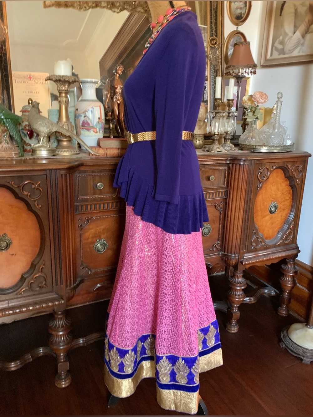 Vintage Boho Royal Gold Pink Purple Velvet Prom Gala Skirt Sweater Blouse Set